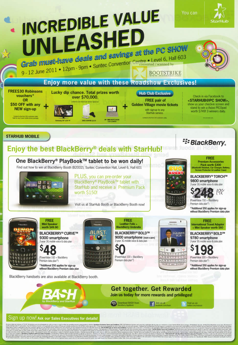 PC Show 2011 price list image brochure of Starhub Roadshow Exclusives Robinsons GV Movie Tickets BlackBerry Playbook Torch 9800 Curve 9300 Bold 9000 9780
