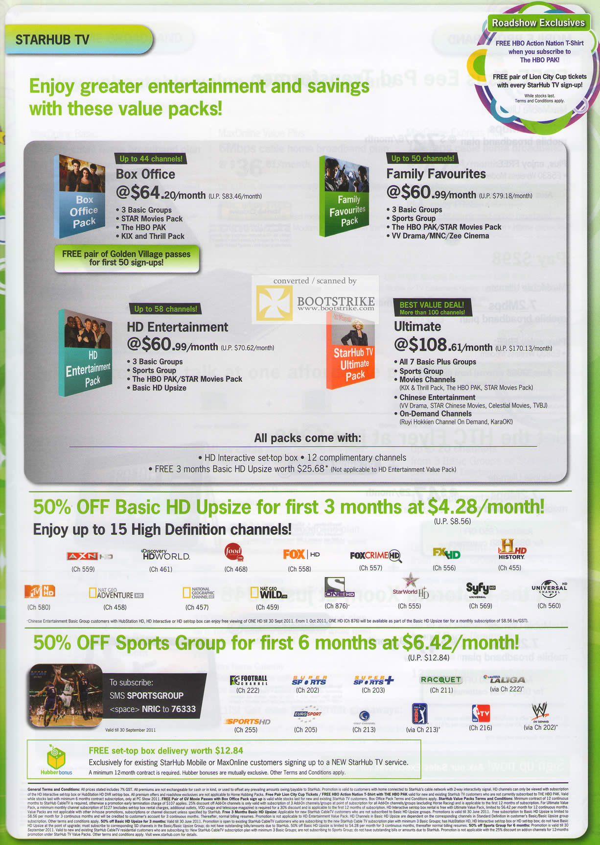 PC Show 2011 price list image brochure of Starhub TV Box Office Family Favourites HD Entertainment Ultimate Basic HD Upsize Sports Group