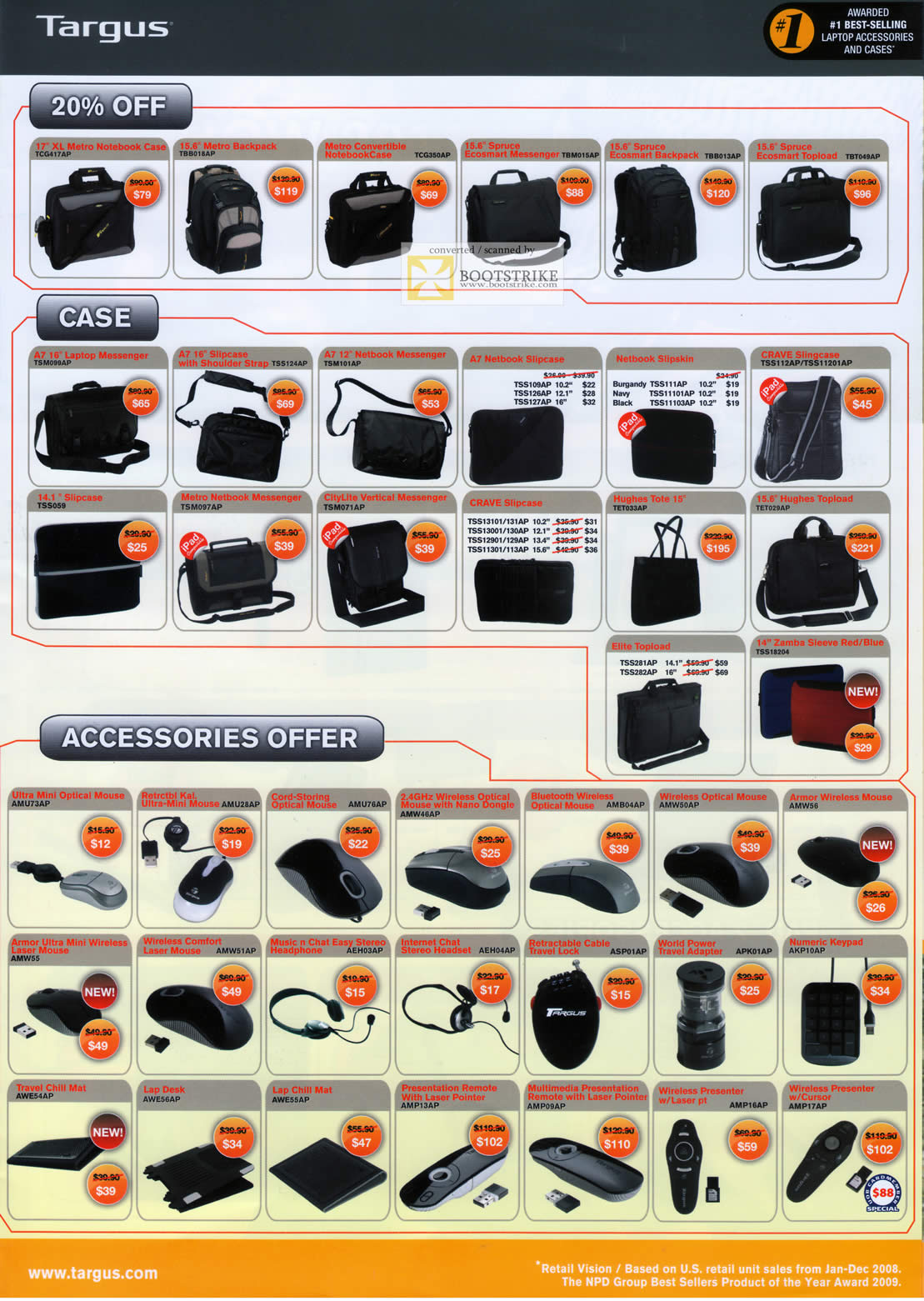 PC Show 2011 price list image brochure of Targus Notebook Case Metro Backpack Spruce Ecosmart Messenger Slipcase Crave Mouse Accessories Headset Keyboard Travel Adapter Laser Pointer
