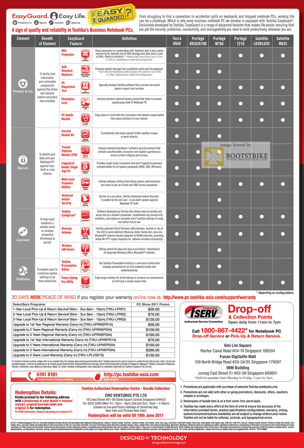PC Show 2011 price list image brochure of Toshiba Notebooks Business SelectServ Programs Warranty Options Comparison Chart