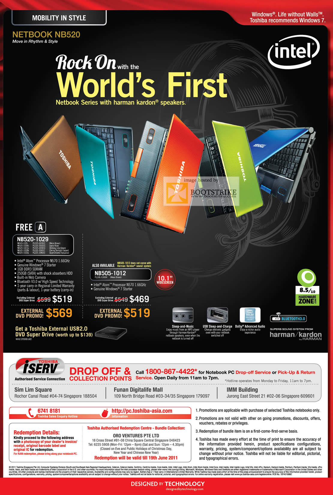 PC Show 2011 price list image brochure of Toshiba Notebooks Netbooks NB520 NB520-1029 NB505-1012 Harman Kardon