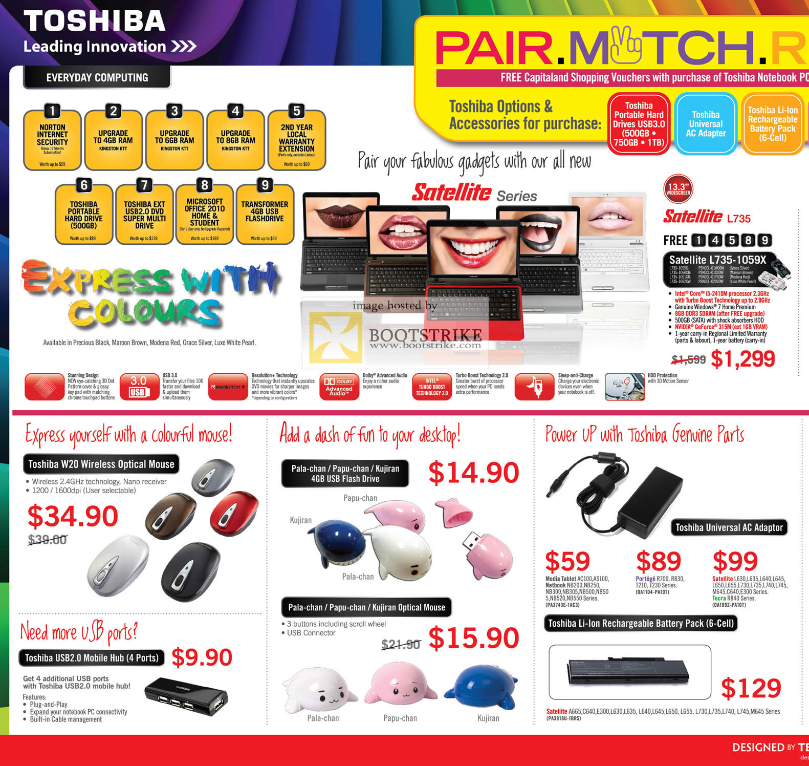 PC Show 2011 price list image brochure of Toshiba Notebooks Satellite L735-1059X Wireless Optical Mouse USB Hub Pala-chan Papu-chan Kujiran AC Adapter Battery Pack