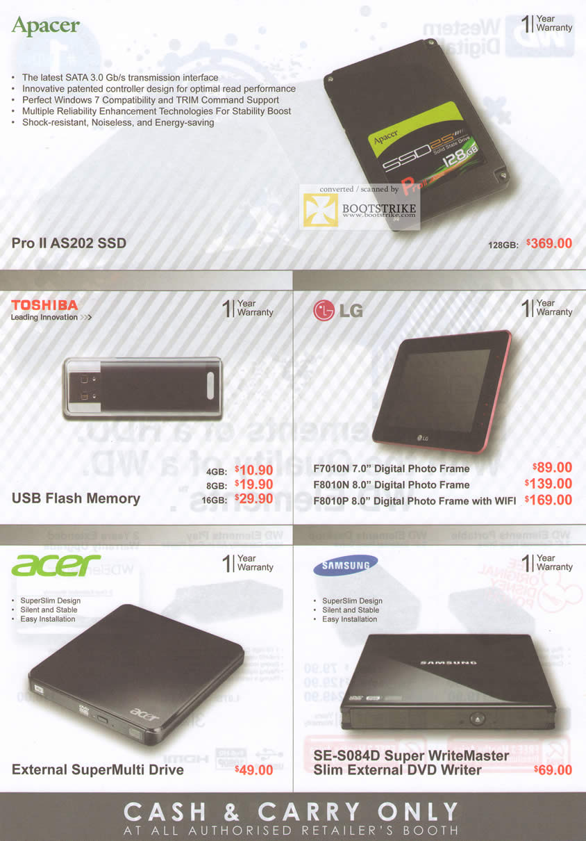PC Show 2011 price list image brochure of Various External Storage Apacer Pro II AS202 SSD Toshiba USB LG Digital Photo Frame F7010N F8010N F8010P Acer External DVD SuperMulti Samsung SE-S084D WriteMaster