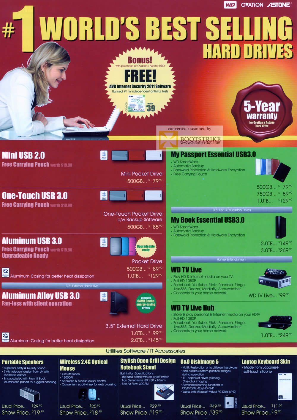 PC Show 2011 price list image brochure of Various External Storage USB Western Digital WD Passport Essential TV Live Hub Pocket One-Touch Aluminium Alloy Speakers Mouse O&O DiskImage 5