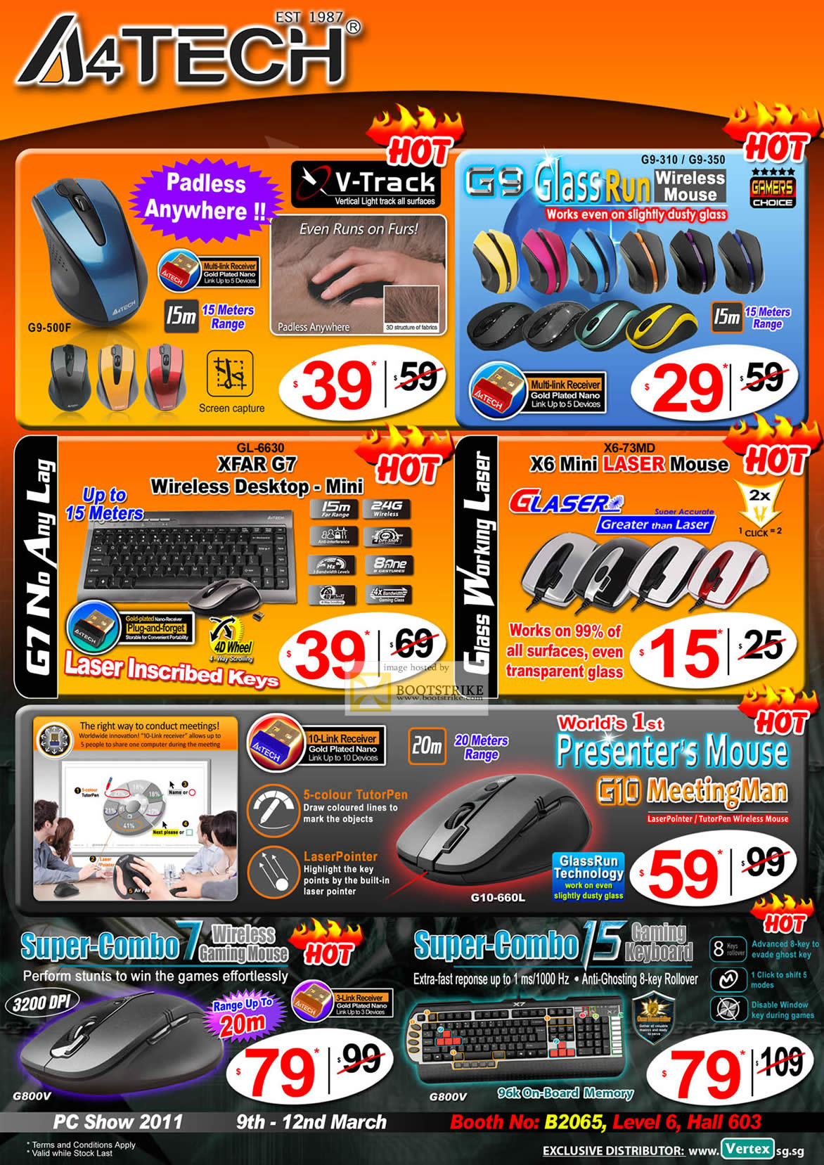 PC Show 2011 price list image brochure of Vertex A4Tech Mouse Keyboard Wireless G9-500F 310 950 Nano GL-6630 660L X6-73MD Laser G10 MeetingMan G800V