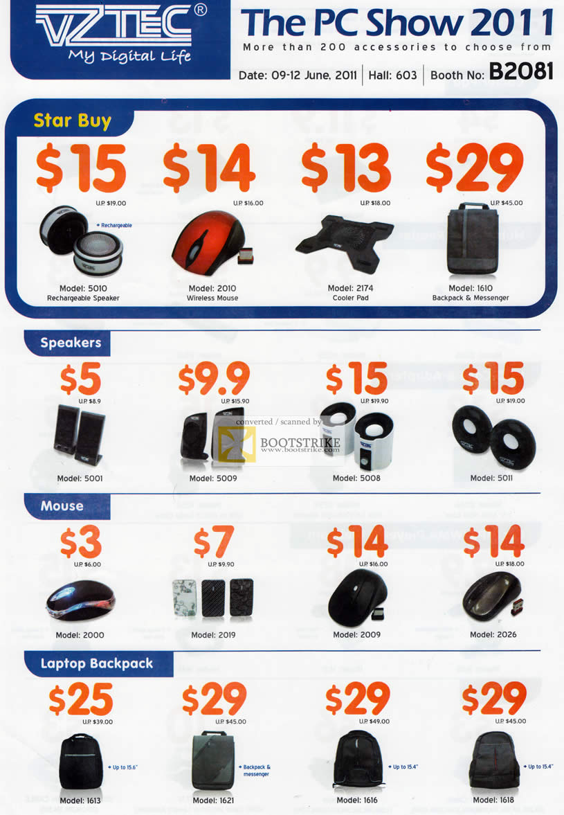 PC Show 2011 price list image brochure of Vztec Accessories Speaker Wireless Mouse Cooler Pad Backpack Messenger Notebook Bag Wireless