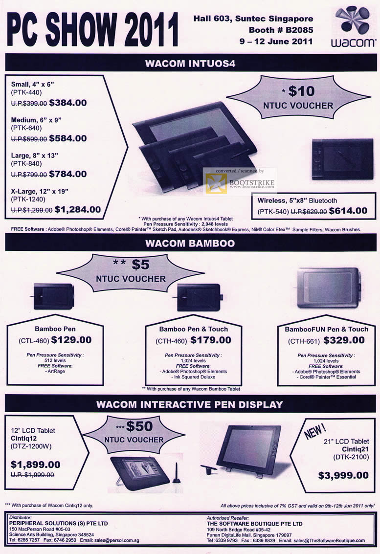 PC Show 2011 price list image brochure of Wacom Tablets Intuos4 Bamboo Interactive Pen Display LCD Cintiq12 Cintiq21 CTL-460 CTH-460 CTH-661 PTK 440 640 840 1240