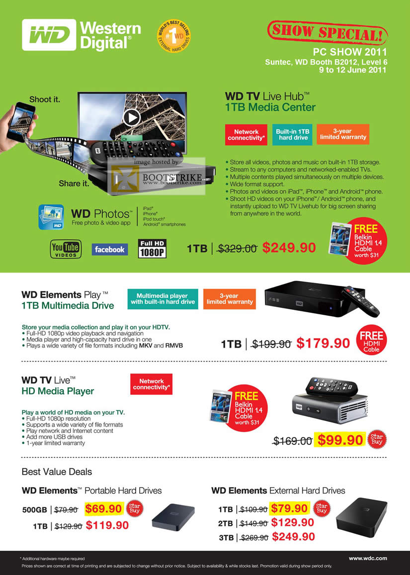 PC Show 2011 price list image brochure of Western Digital WD TV Live Hub Media Center Elements Play Media Player HD External Storage Portable Hard Drive