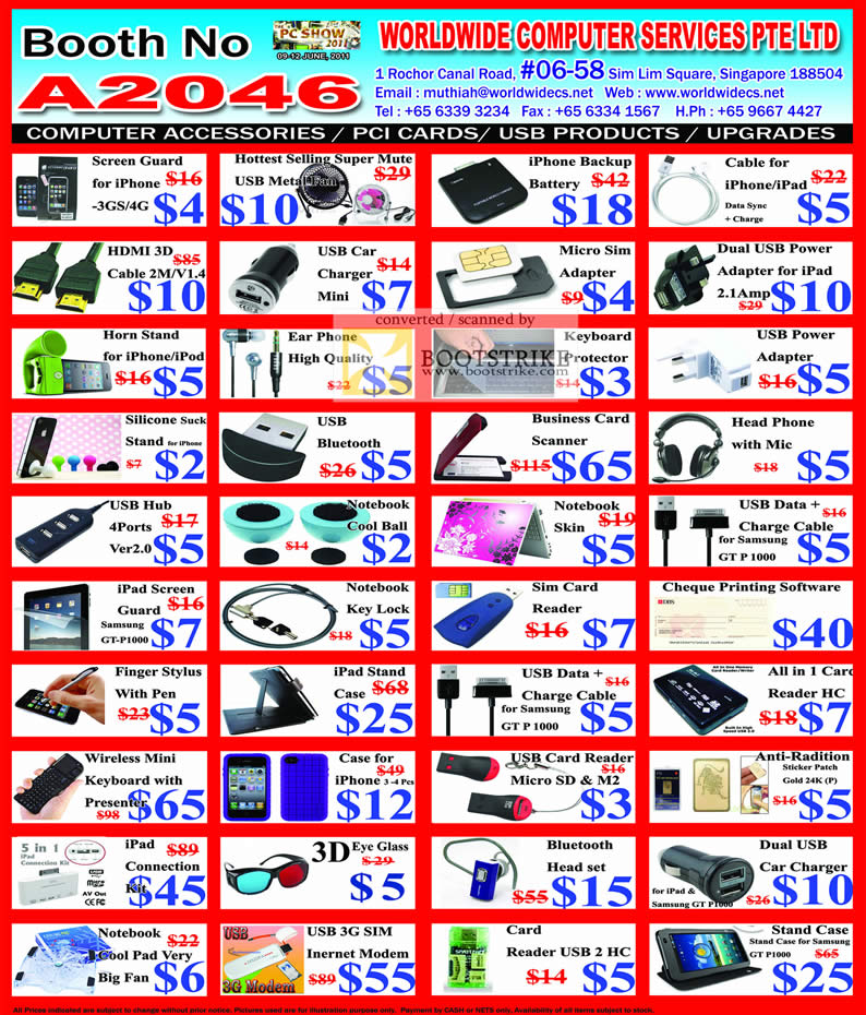 PC Show 2011 price list image brochure of Worldwide Computer Accessories USB IPhone Screen Guard HDMI Micro Sim Cool Ball IPad Card Reader Case Headset