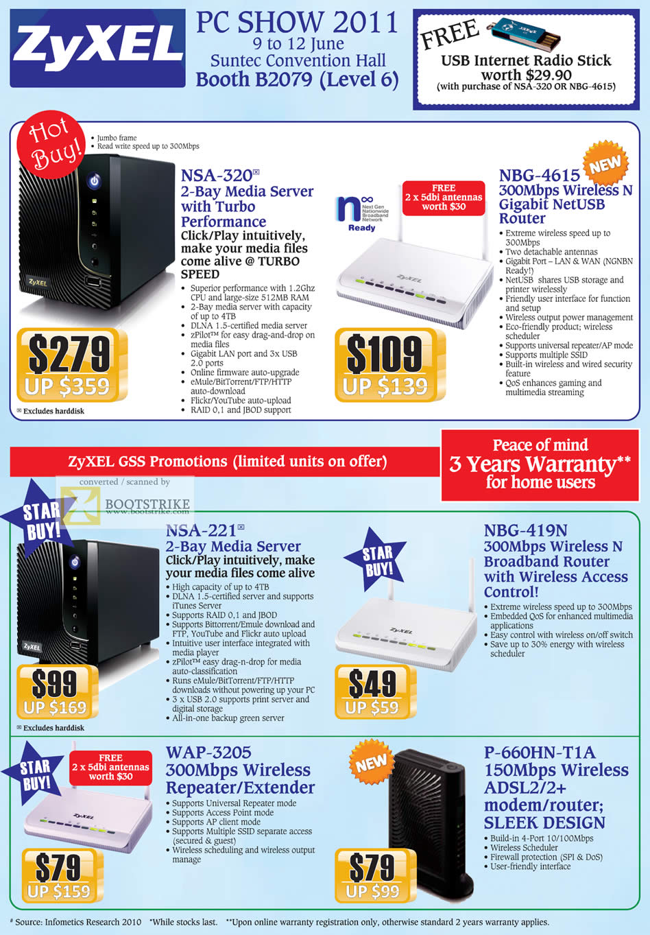 PC Show 2011 price list image brochure of ZyXEL Networking NS-320 NAS NBG-4615 Wireless Router USB NSA-221 NBG-419N WAP-3205 Repeater Extender P-660HN-T1A ADSL2 Modem