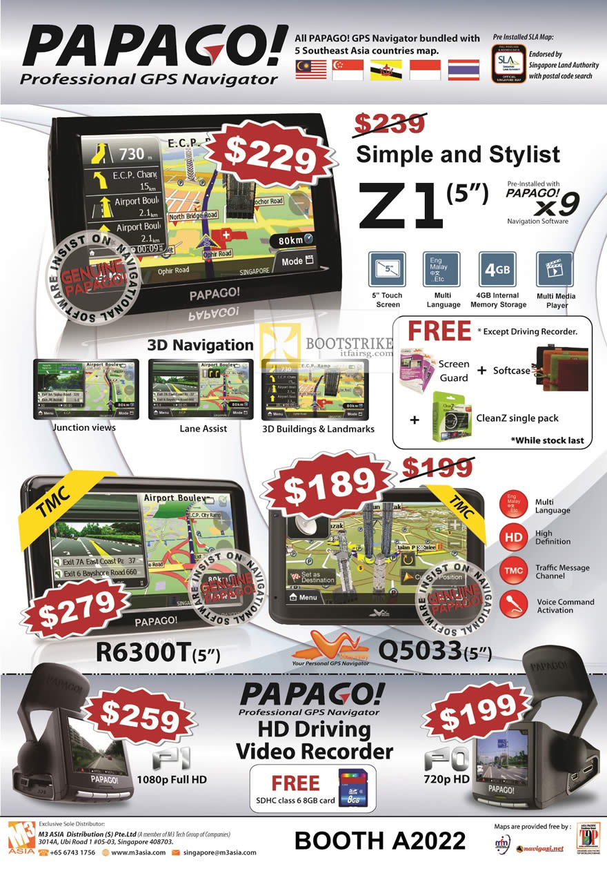 PC SHOW 2012 price list image brochure of AAAs Com Papago GPS Navigator Z1, R6300T, Q5033, HD Driving Video Recorder P1, P0