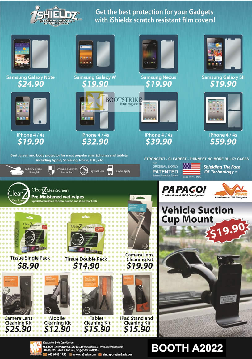 PC SHOW 2012 price list image brochure of AAAs Com IShieldz Screen Protectors IPhone Samsung Galaxy, CleanZ ClearScreen Wipes, Papago Vehicle Suction Cup Mount