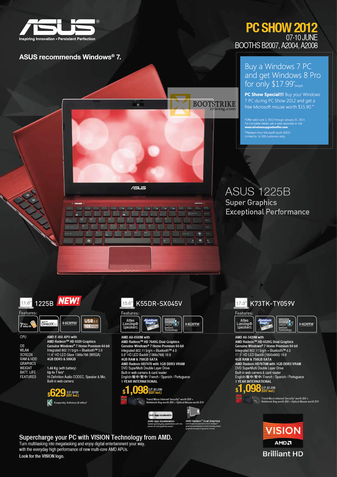 PC SHOW 2012 price list image brochure of ASUS Notebooks 1225B AMD, K55DR-SX045V, K73TK-TY059V