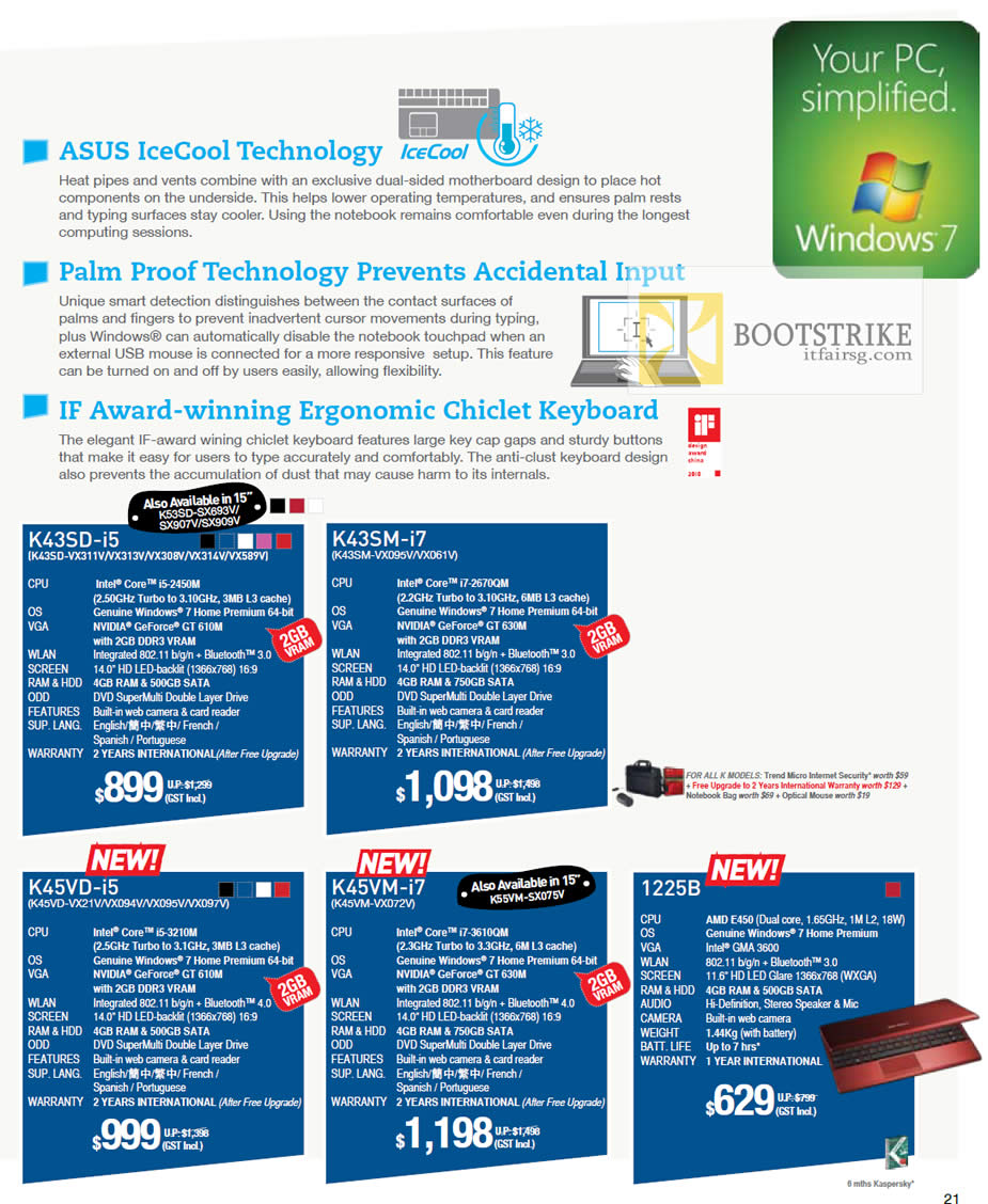 PC SHOW 2012 price list image brochure of ASUS Notebooks K Series Features, K43SD, K43SM, K45VD, K45VM, 1225B