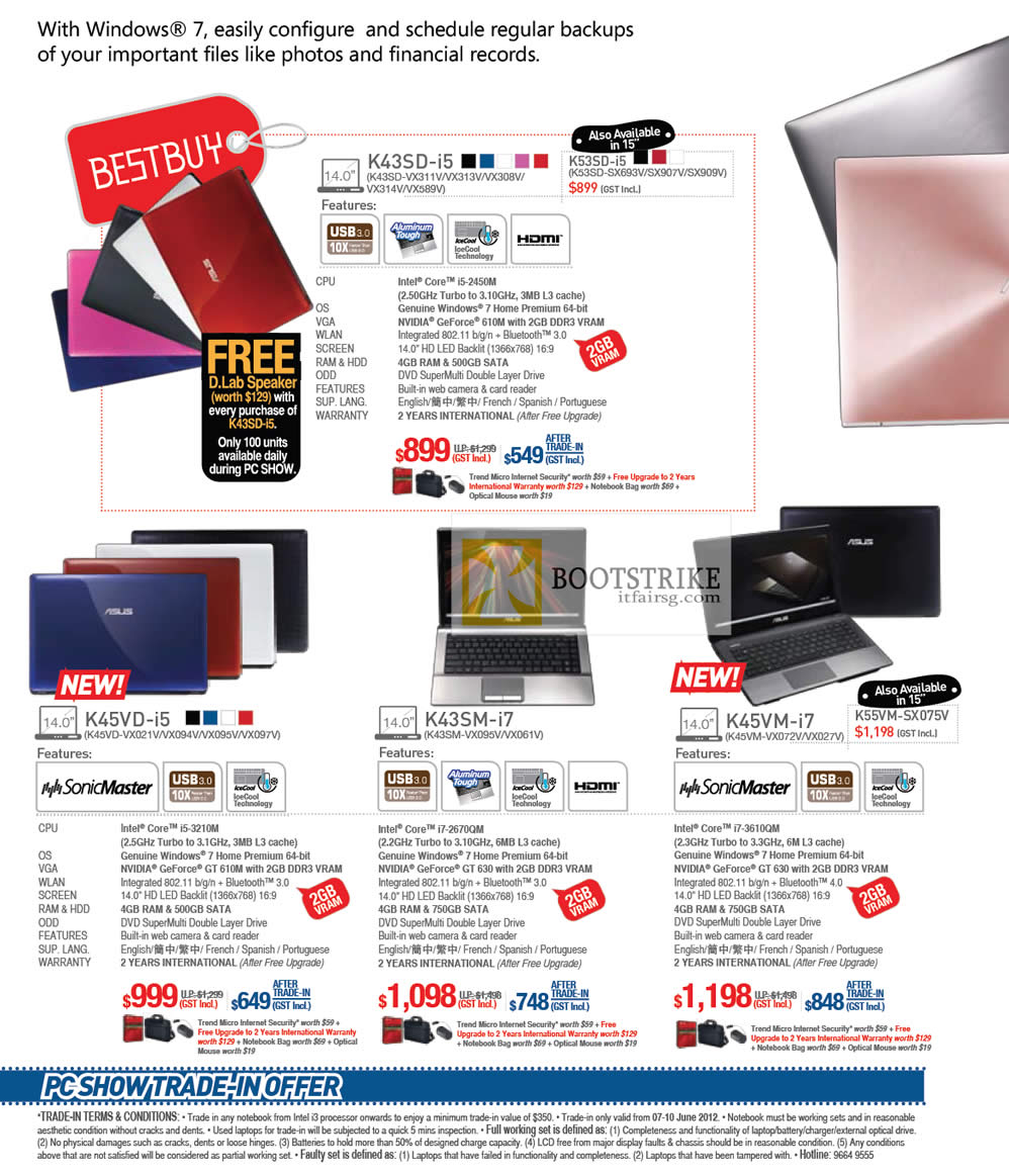 PC SHOW 2012 price list image brochure of ASUS Notebooks K43SD VX311V VX313V VX308V VX314V VX589V, K53SD, K45VD, K43SM, K45VM VX072V, Trade-in