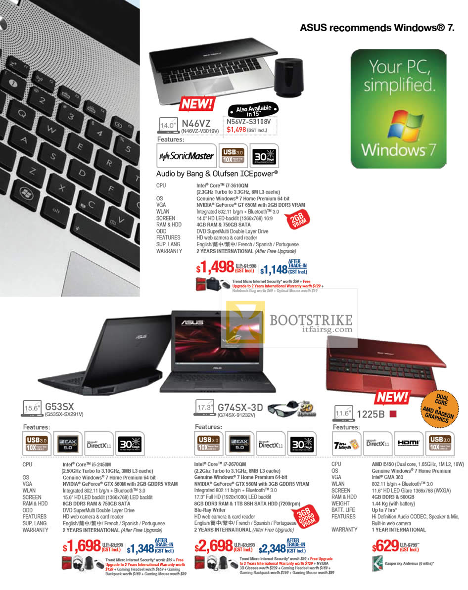 PC SHOW 2012 price list image brochure of ASUS Notebooks N46VZ-V3019V, G53SX-SX291V, G74SX-3D 91232V, 1225B