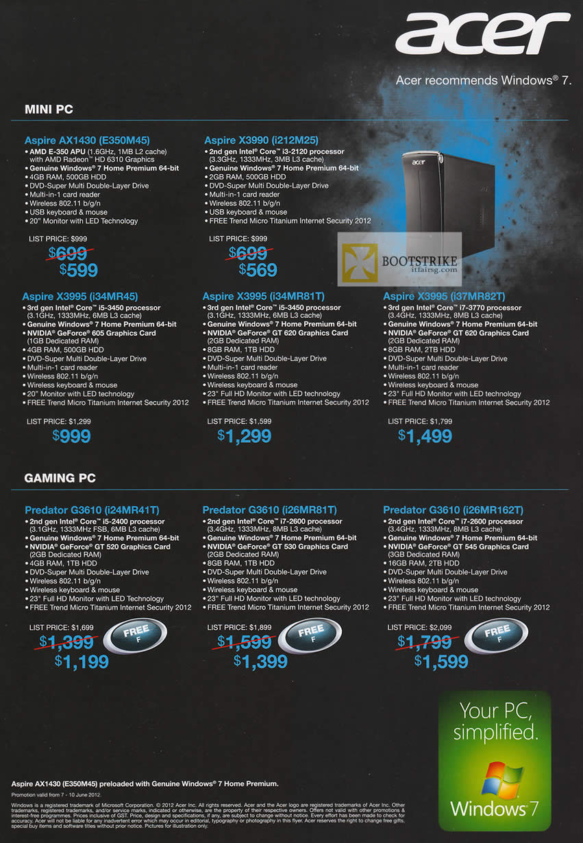 PC SHOW 2012 price list image brochure of Acer Desktop PC Aspire AX1430 E350M45, X3990 I212M25, X3995 I34MR45, I34MR81T, I37MR82T, Predator G3610 I24MR41T, I26MR81T, I26MR162T