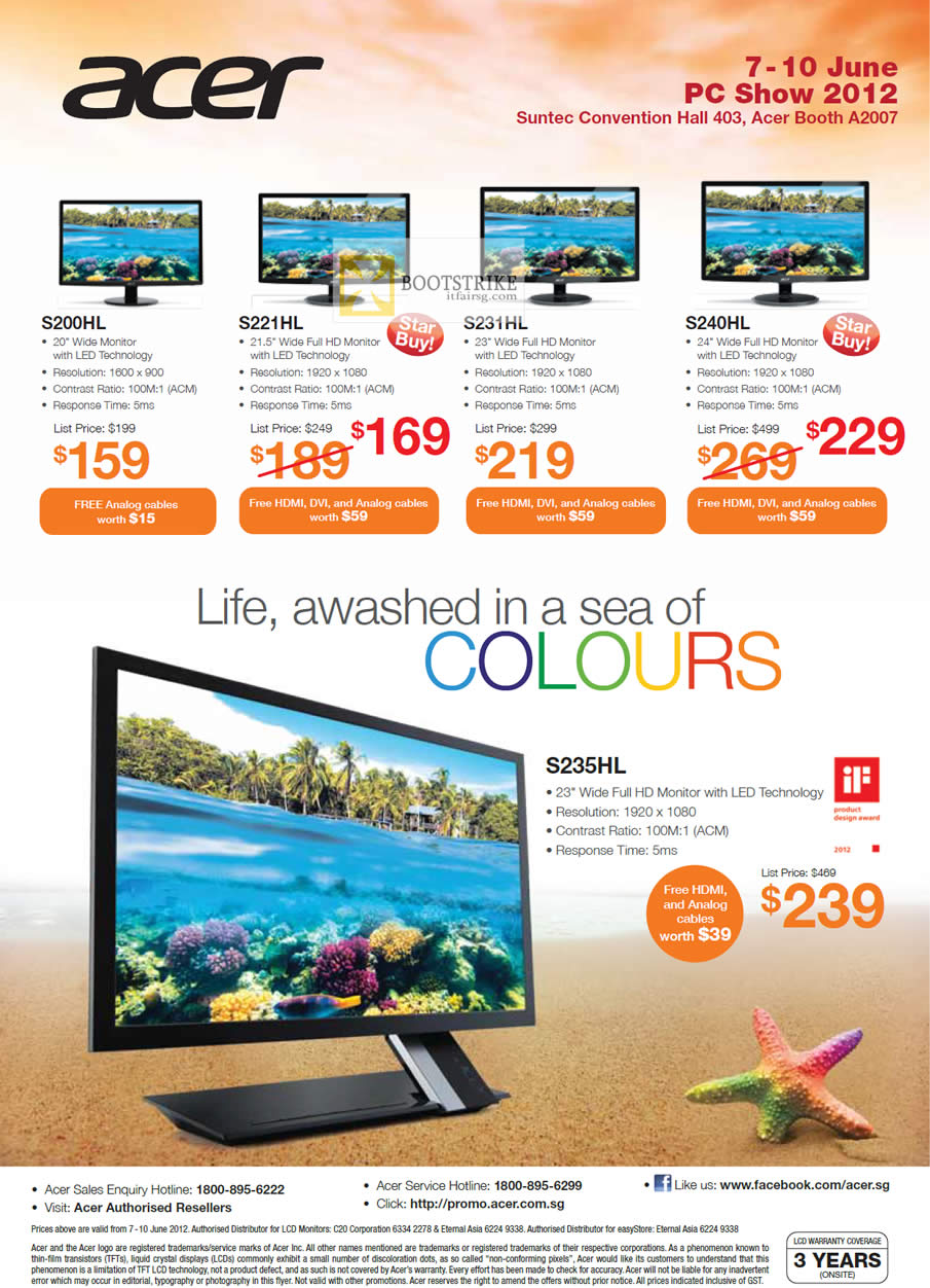 PC SHOW 2012 price list image brochure of Acer Monitors LED S200HL, S221HL, S231HL, S240HL, S235HL