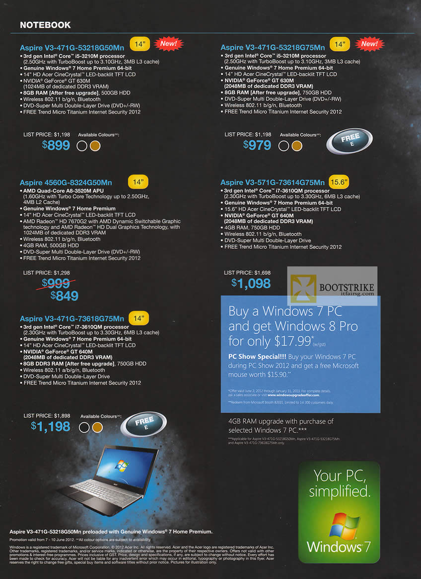 PC SHOW 2012 price list image brochure of Acer Notebooks Aspire V3-471G-53218G50Mn, V3-471G-53218G75Mn, 4560G-8324G50Mn, V3-571G-73614G75Mn, V3-471G-73618G75Mn