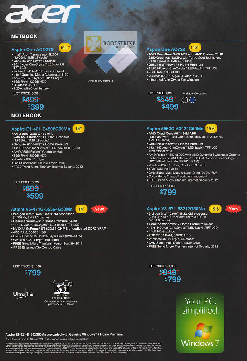 PC SHOW 2012 price list image brochure of Acer Notebooks Netbooks Aspire One AOD270, AO722, E1-421-E4502G50Mn, 5560G-63424G50Mn, V5-471G-32364G50Mn, V3-571-53212G50Mn