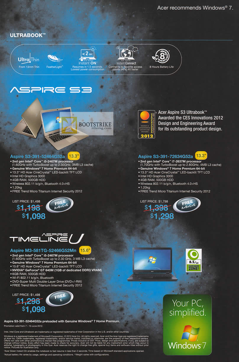 PC SHOW 2012 price list image brochure of Acer Notebooks Ultrabooks Aspire S3-391-52464G52a, S3-391-72634G52a, M3-581TG-52466G52Mn
