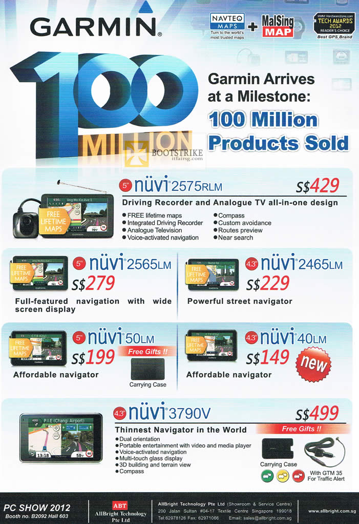PC SHOW 2012 price list image brochure of Allbright Garmin GPS Nuvi 2575RLM, 2565LM, 2465LM, 50LM, 40LM, 3790V