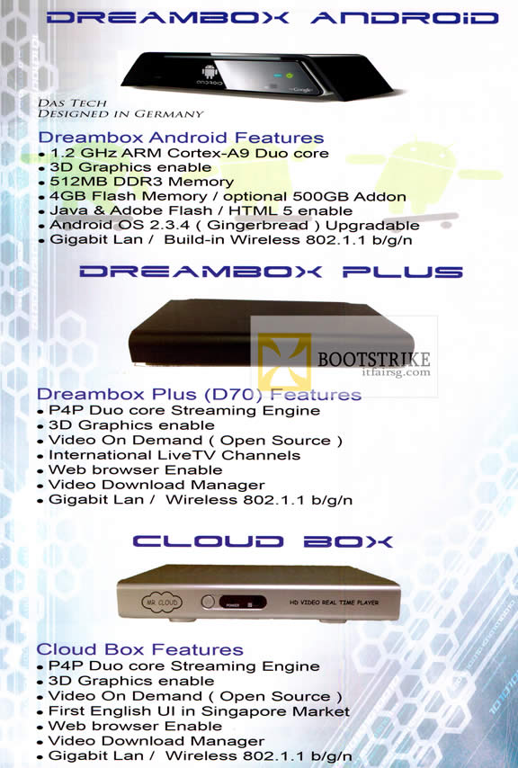 PC SHOW 2012 price list image brochure of Amconics Media Player Dreambox Android, Dreambox Plus D70, Cloud Box, TV