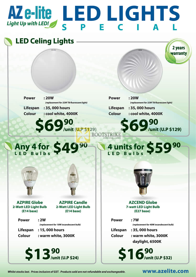 PC SHOW 2012 price list image brochure of Aztech AZ E-Lite LED Ceiling Lights, LED Bulbs, Azpire Globe, Azpire Candle, Azcend Globe