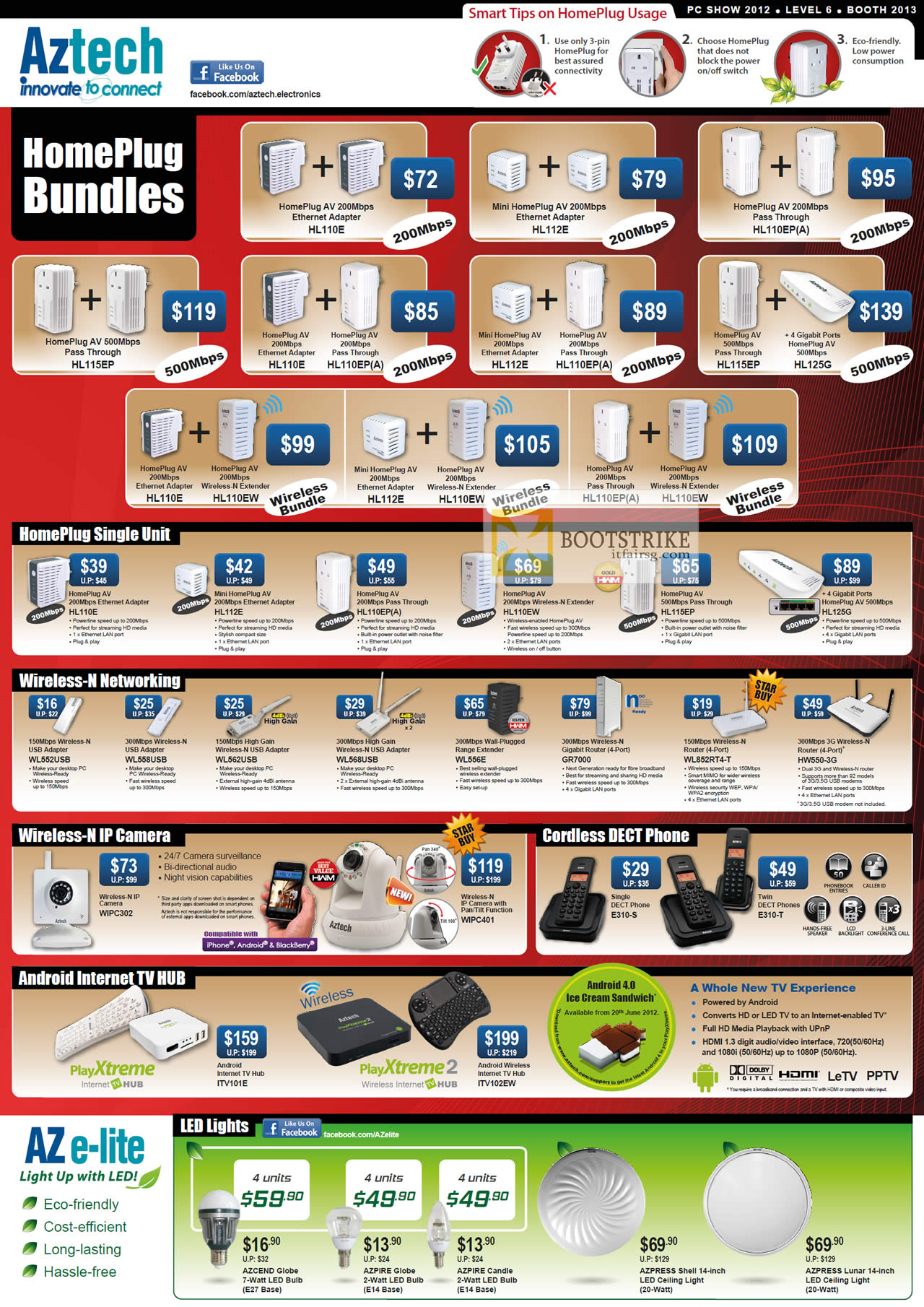 PC SHOW 2012 price list image brochure of Aztech Networking HomePlug Bundles, HomePlugs, Wireless N Router, USB Adapter, IPCam, DECT Phone, Android Internet TV Hub, LED Lights Bulbs
