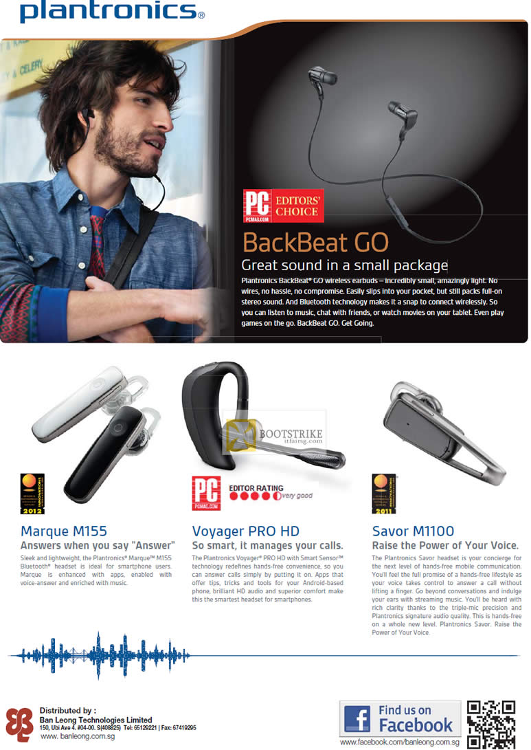 PC SHOW 2012 price list image brochure of Ban Leong Plantronics BackBeat Go Bluetooth Headset, Marque M155, Voyager Pro HD, Savor M1100