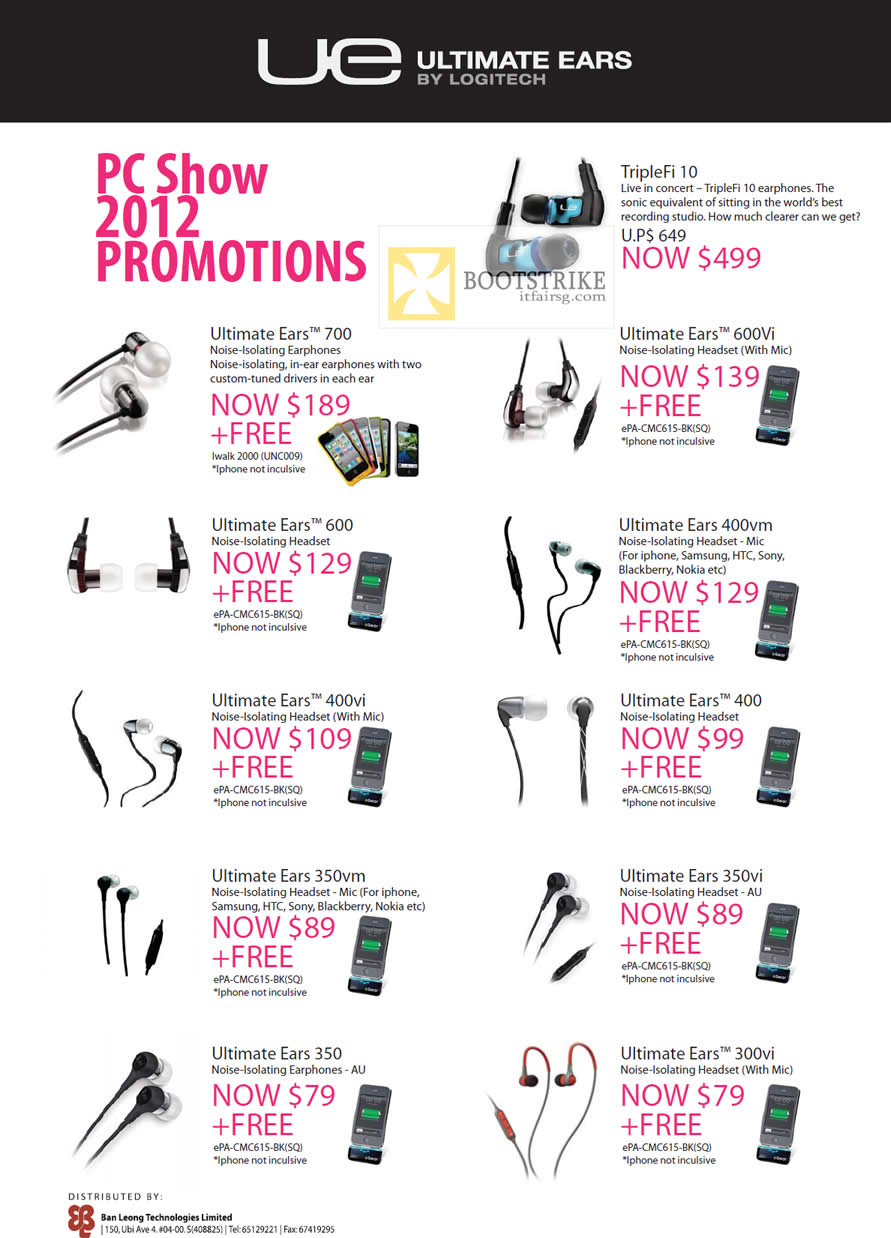 PC SHOW 2012 price list image brochure of Ban Leong Ultimate Ears TripleFi 10, 600Vi, 700, 600, 400vm, 400vi, 400, 350vi, 350vm, 350, 300vi