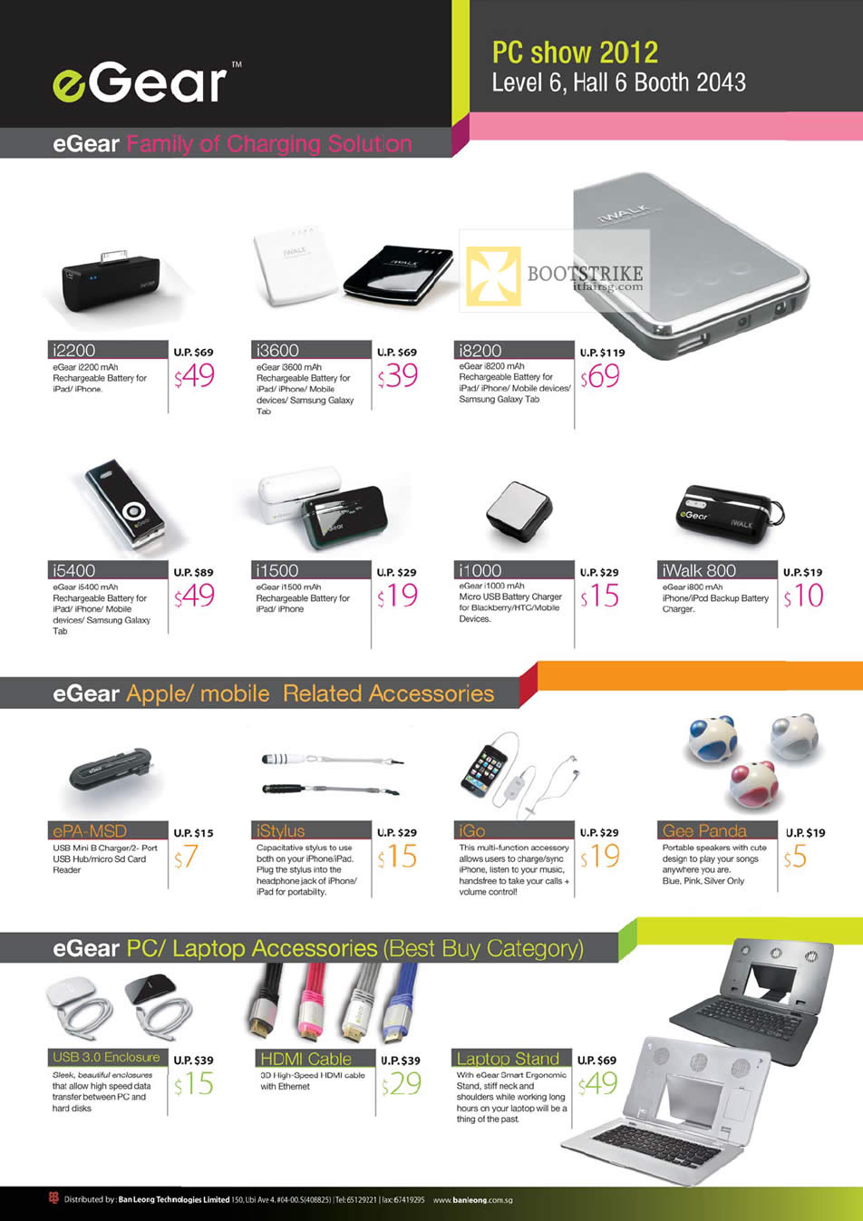 PC SHOW 2012 price list image brochure of Ban Leong EGear Battery Charger I2200, I3600, I8200, I5400, I1500, I1000, IWalk 800, IStylus, HDMI Cable, Laptop Stand