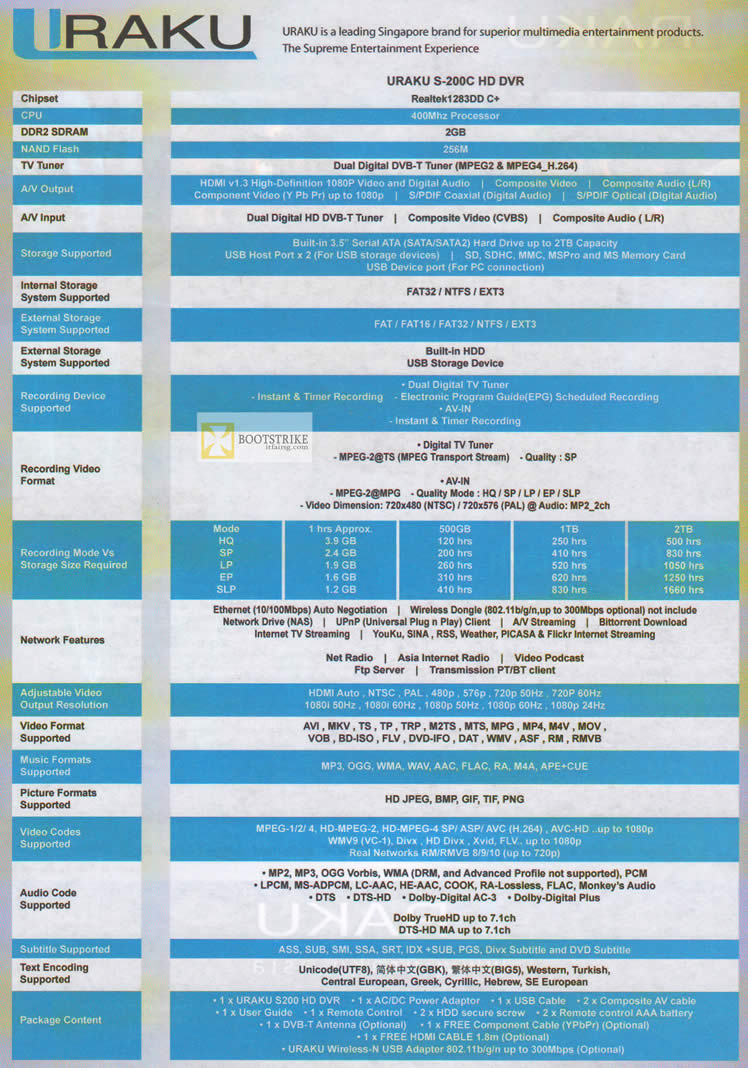 PC SHOW 2012 price list image brochure of Bell Systems Uraku S-200C HD DVR Media Player Specifications