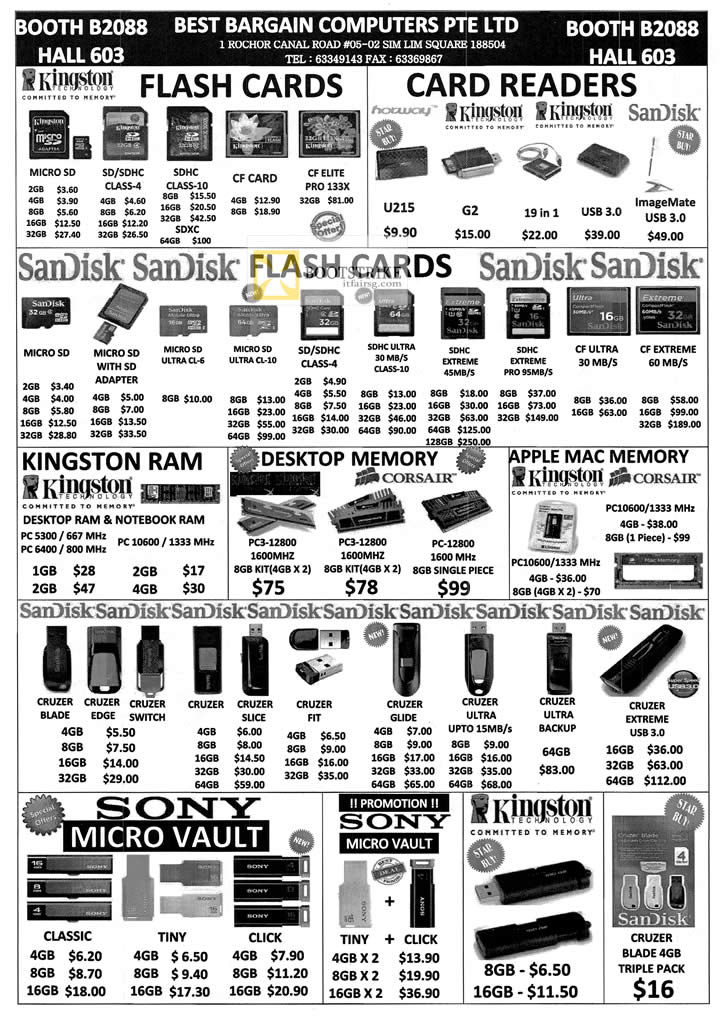 PC SHOW 2012 price list image brochure of Best Bargain Kingston Flash Memory, Card Reader, SanDisk MicroSD, SD, SDHC, CompactFlash CF, RAM Corsair, USB Flash Drive, Sony Micro Vault, Cruzer