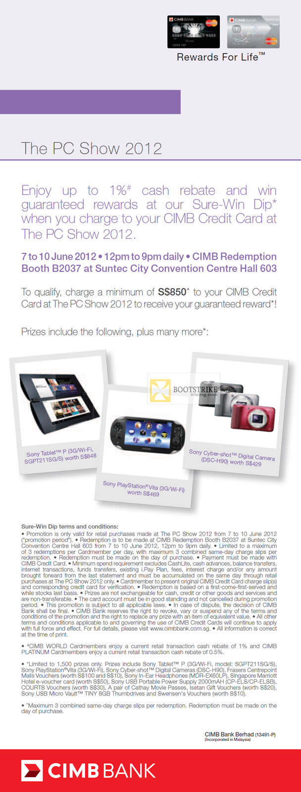 PC SHOW 2012 price list image brochure of CIMB Credit Card Cash Rebate, Rewards, Sure-Win Dip