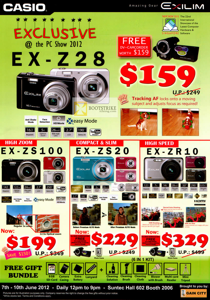PC SHOW 2012 price list image brochure of Casio Digital Cameras EX-Z28, EX-ZS100, EX-SZ20, EX-ZR10