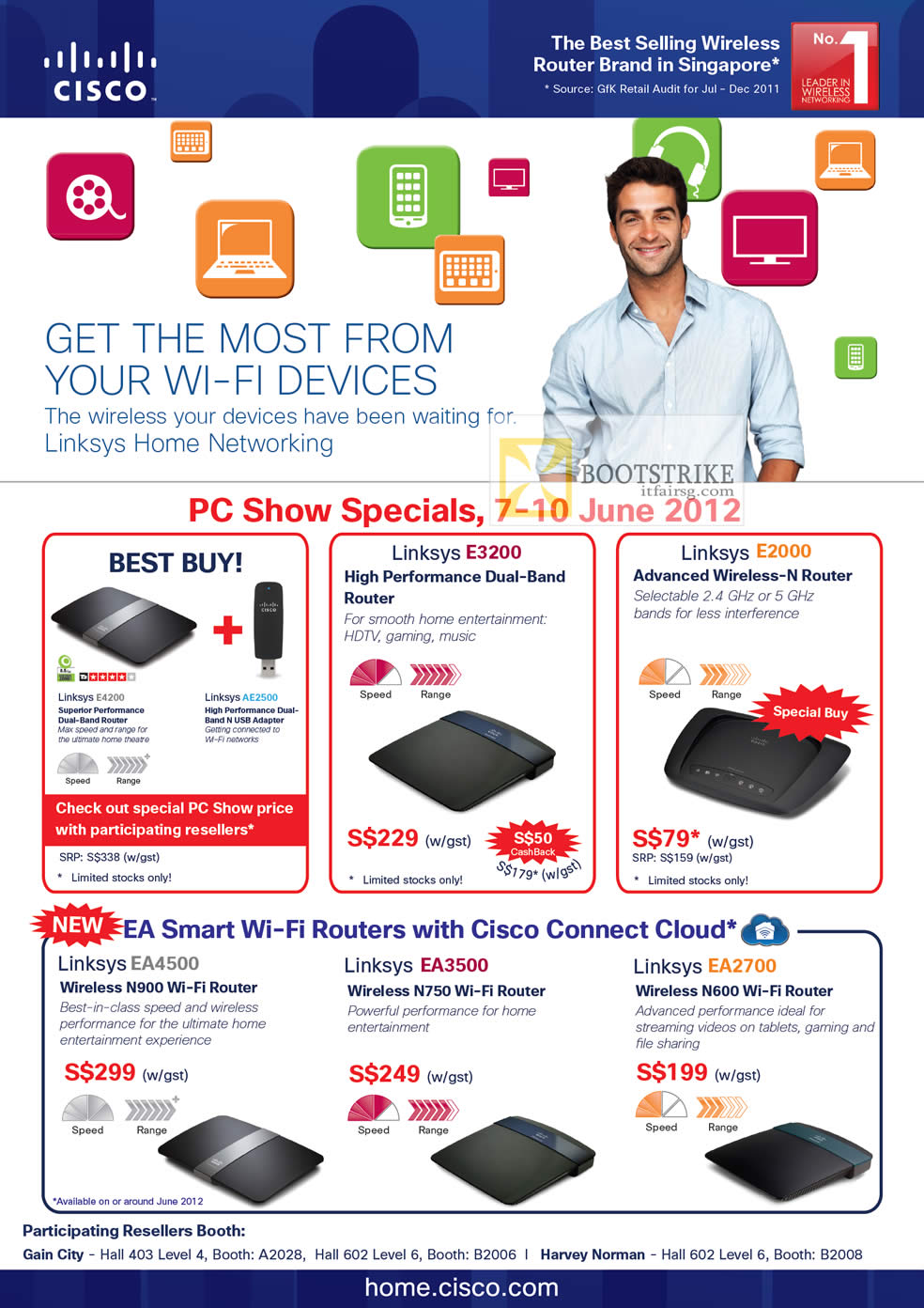 PC SHOW 2012 price list image brochure of Cisco Linksys E4200 Wireless Router, E3200, E2000, EA4500, EA3500, EA2700