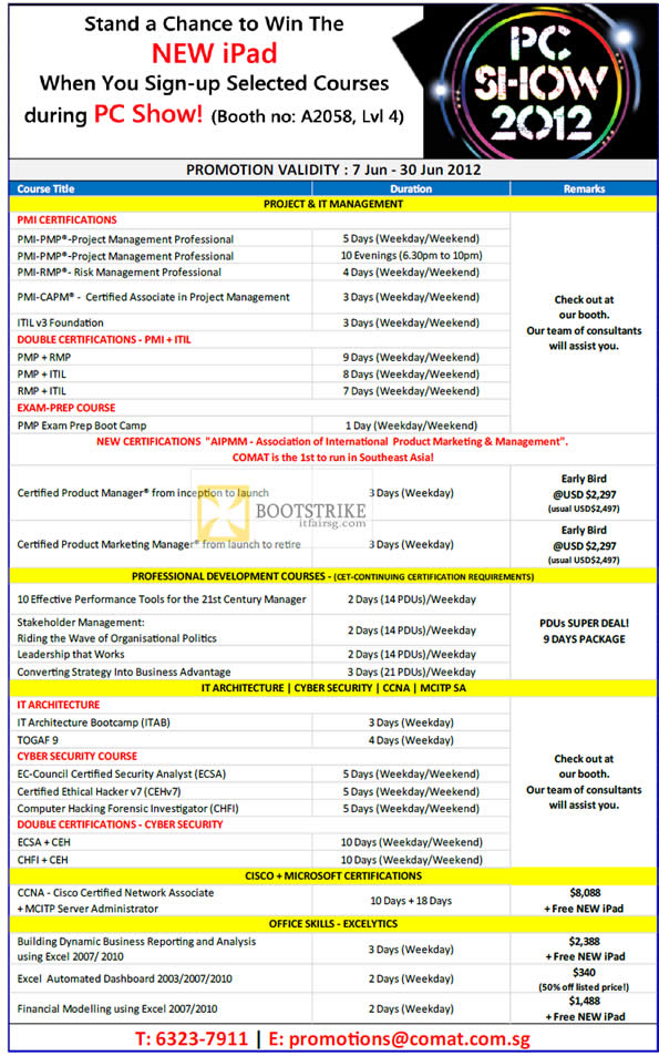 PC SHOW 2012 price list image brochure of Comat Training Certifications PMI, ITIL, PMP, RMP, CCNA, MCITP, CEH, ECSA, CHFI