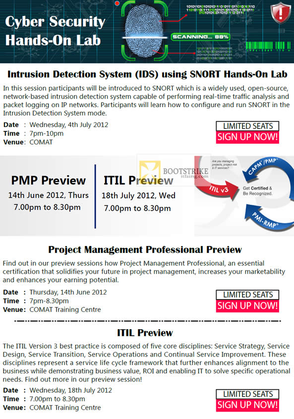 PC SHOW 2012 price list image brochure of Comat Training Cyber Security Hands-On Lab, PMP Preview, ITIL Preview