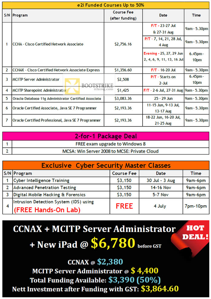 PC SHOW 2012 price list image brochure of Comat Training E2i Courses CCNA, CCNAX, MCITP, Oracle, Java SE, Windows 8, Cyber Security