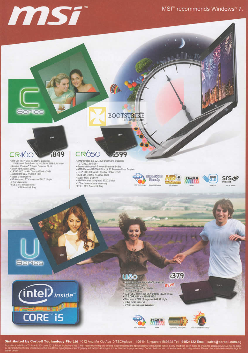 PC SHOW 2012 price list image brochure of Corbell MSI Notebooks C Series CR460, CR650, U Series U180