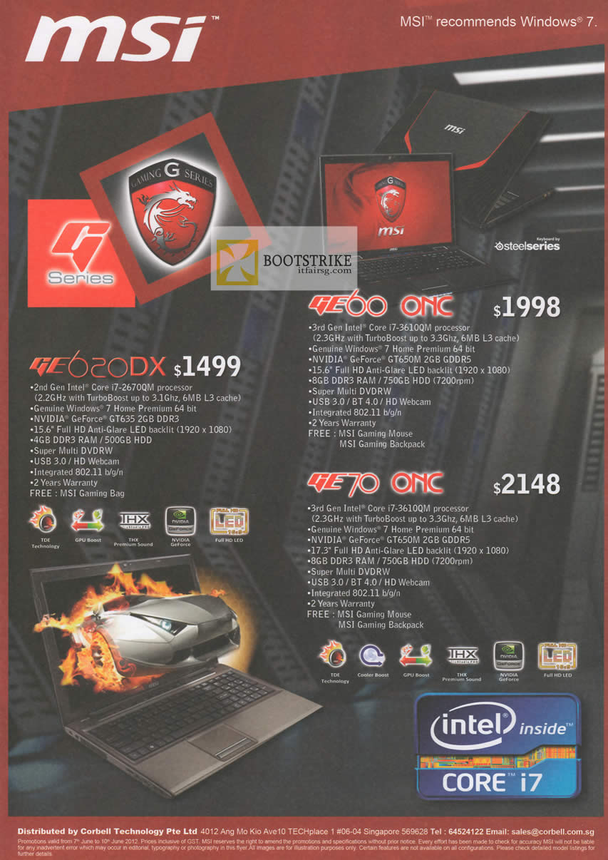 PC SHOW 2012 price list image brochure of Corbell MSI Notebooks GE620DX, GE60 ONC, GE70 ONC