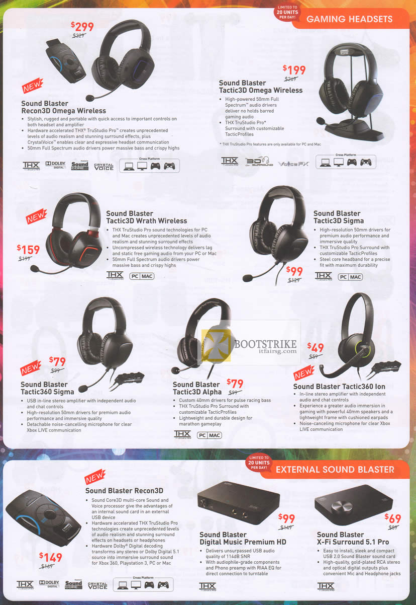 PC SHOW 2012 price list image brochure of Creative Gaming Headsets Sound Blaster Recon3D Omega Wireless, Tactic3D, Wrath, Sigma, Tactic360, Alpha, Ion, Recon3D, Digital Music Premium HD, X-Fi Surround 5.1 Pro