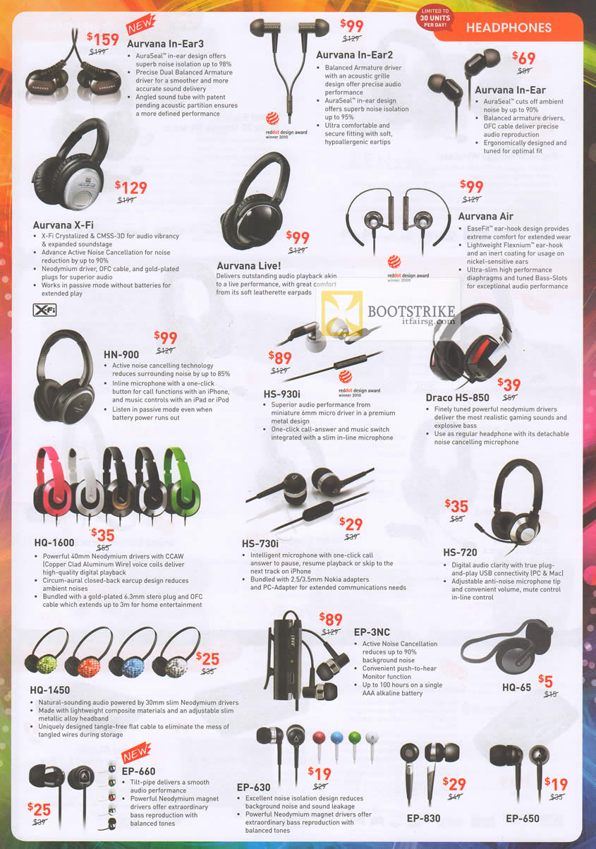 PC SHOW 2012 price list image brochure of Creative Headphones Aurvana In-Ear3, In-Ear2, In-Ear, X-Fi, Live, Air, HN-900 Headphone, HS-930i, Draco HS-850, EP-660, EP-3NC