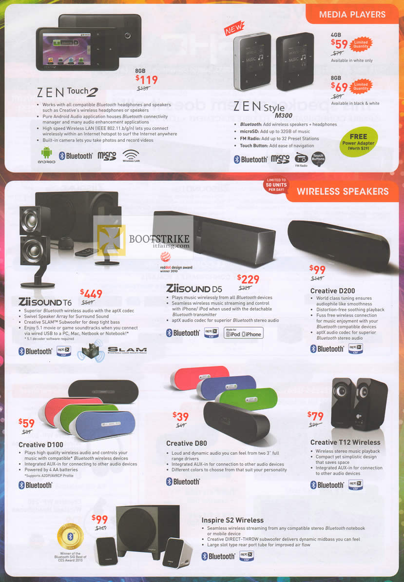 PC SHOW 2012 price list image brochure of Creative Media Players Zen Touch 2, Style M300, ZiiSound T6, D5, D200, D100, D80, T12 Wireless, Inspire S2 Wireless