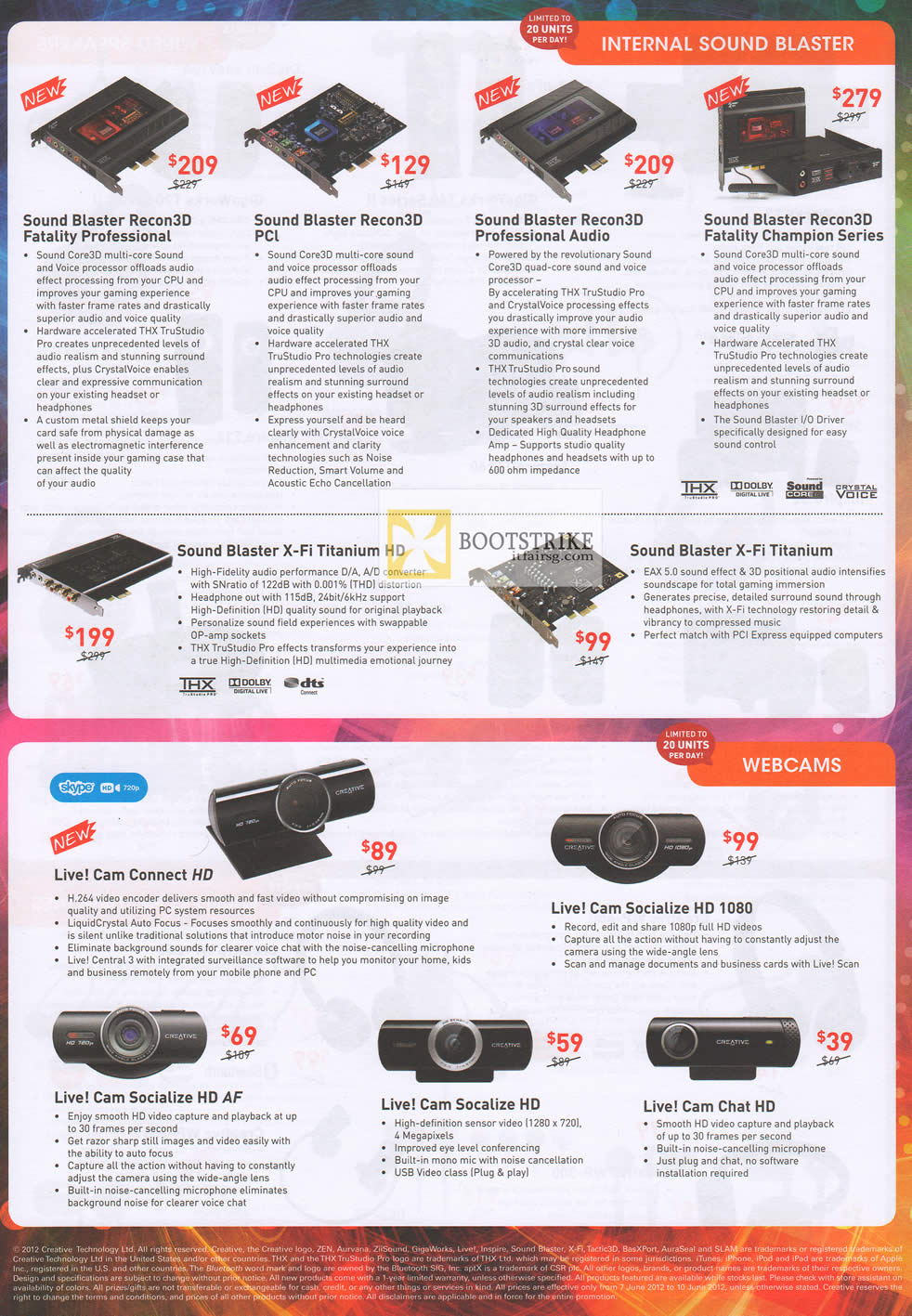 PC SHOW 2012 price list image brochure of Creative Sound Blaster Cards Recon3D Fatality Professional, PCI, Champion Series, Titanium HD, Webcam Live Cam Connect HD, Socialize 1080, HD AF, Chat HD