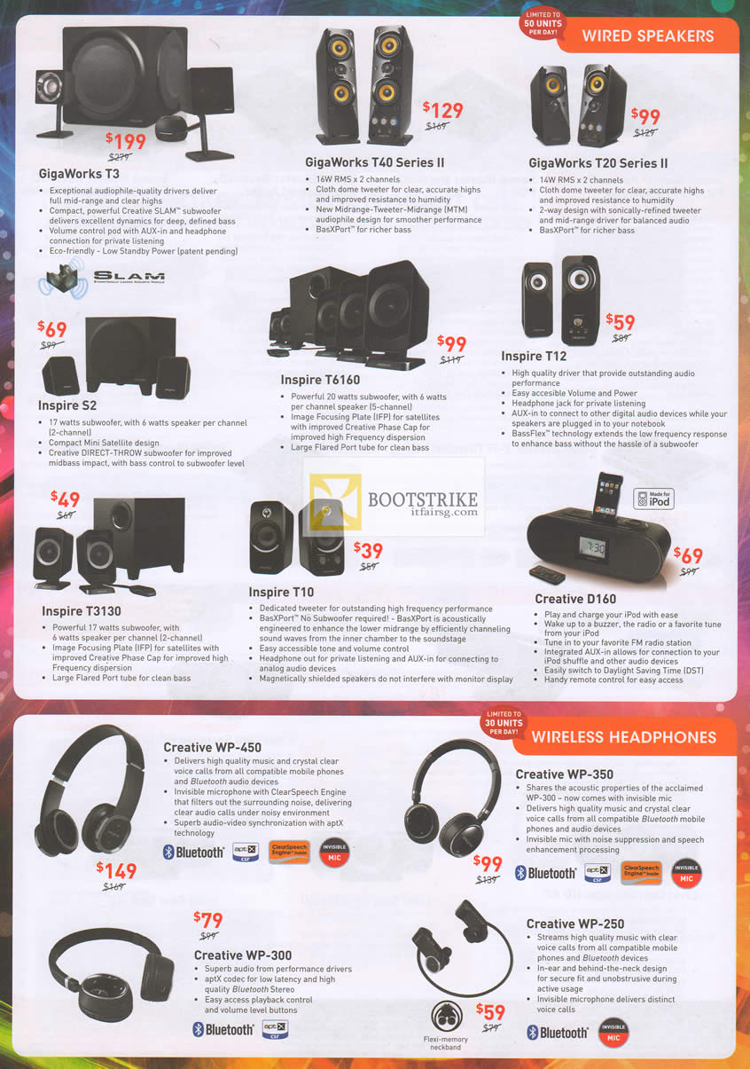 PC SHOW 2012 price list image brochure of Creative Wired Speakers GigaWorks T3, T40 Series II, T20 Series II, Inspire S2, T6160, T12, T3130, T10, D160, Headphones Wireless WP-650, 350, 250, 300