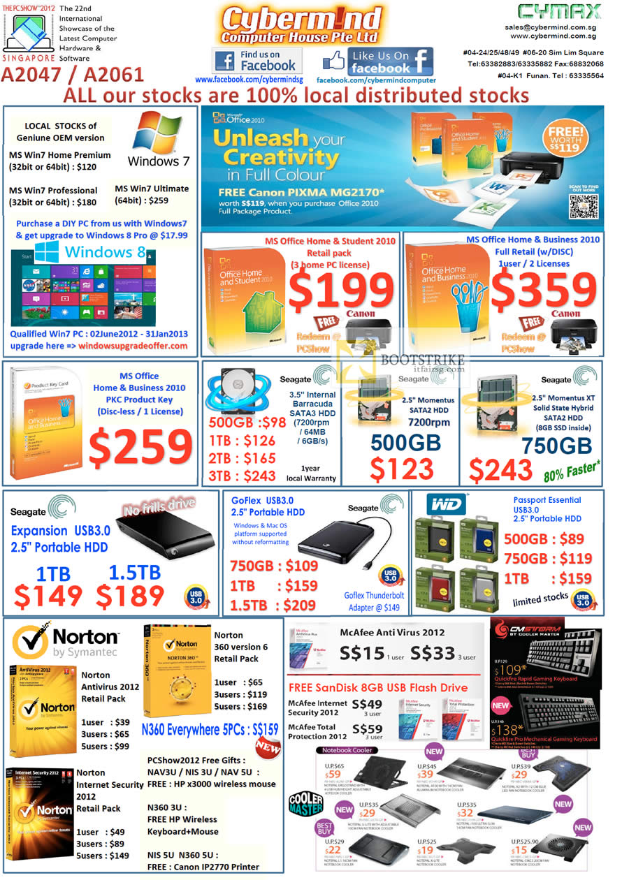 PC SHOW 2012 price list image brochure of Cybermind Microsoft Windows 7, Office, Seagate Internal Hard Disk, GoFlex, WD Passport, McAfee