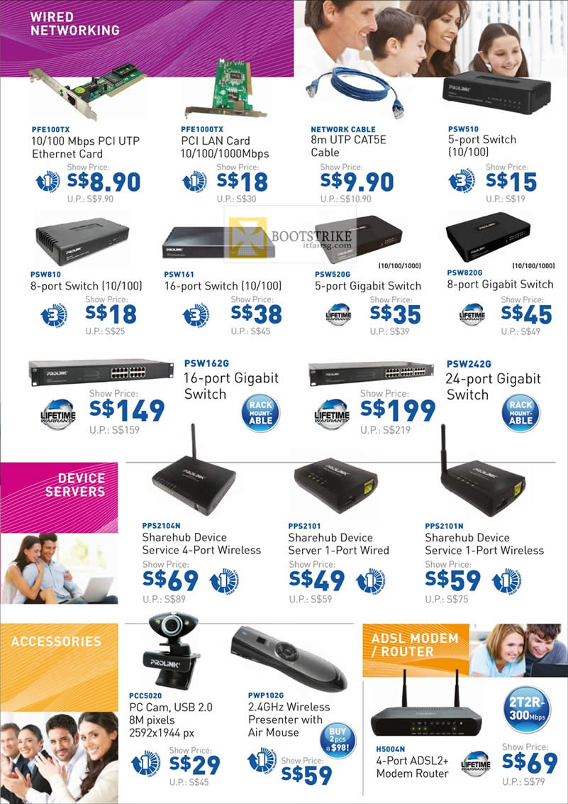 PC SHOW 2012 price list image brochure of Cybermind Prolink Networking Accessories Ethernet Card, Cable, Switch, Gigabit Switch, IPCam PCC5020, Modem Router H5004N