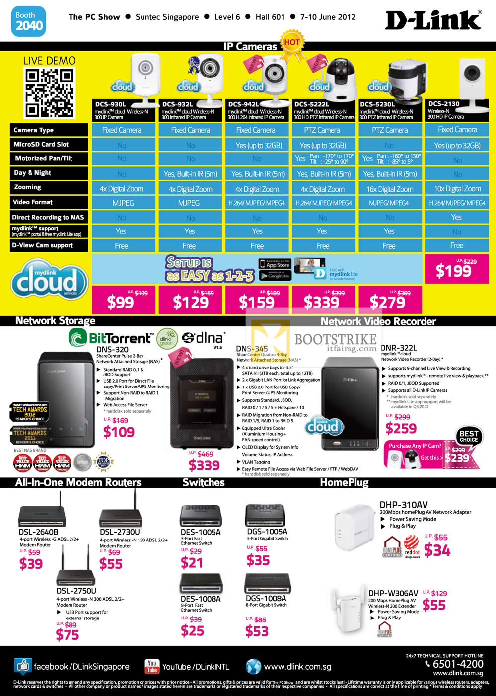 PC SHOW 2012 price list image brochure of D-Link Networking IPCam DCS 930L 932L 942L 5222L 5230L 2130, NAS DNS-320 345, DNR-322L, Modem Routers, Switches, HomePlug DHP